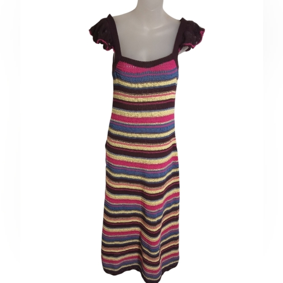 Zara Women's Multicolor Striped Knit Midi  Ruffle Sleeve Scoop Neck Boho Medium - Picture 2 of 7